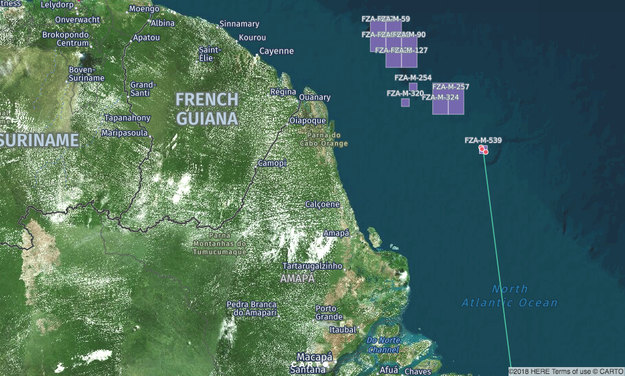 Mapa de poços de óleo e gás na Foz do Amazonas, na Margem Equatorial