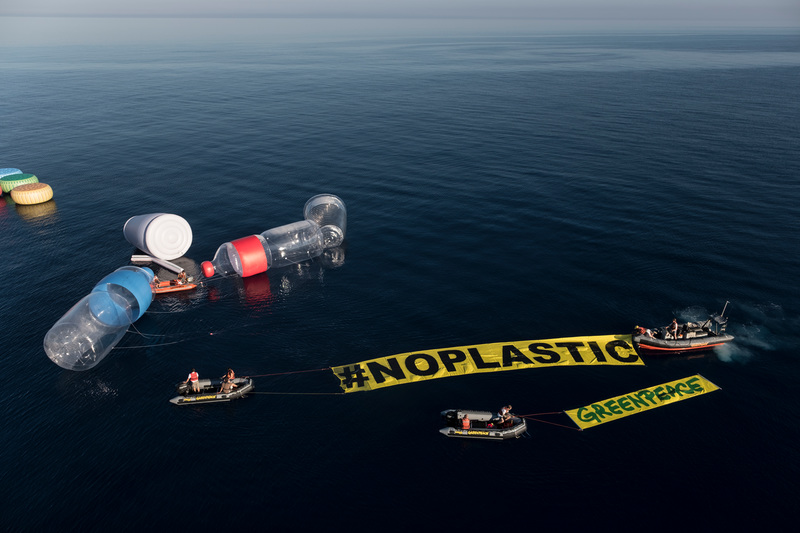Greenpeace’s flagship, the Rainbow Warrior, has been surrounded by giant single-use plastic items in Mediterranean waters. The action seeks to make visible the invisible, and to denounce the problem of plastic pollution in the oceans, especially in the Mediterranean Sea. 
 
Activists placed ten giant objects representing some of the most frequently found items on beaches: two bottles of 12 meters, two glasses of 6 meters and giant straws and bottle caps. A banner of 60 m2, reads #NoPlastic. 

Approximately 40% of the demand of plastic in Europe is for plastic packaging, most of it single-use. Also plastic packaging is the most common waste littered in the environment round the world. This action is part of the international campaign “Less plastic, more Mediterranean” in which the flagship of Greenpeace, Rainbow Warrior, is touring the Mediterranean to denounce the huge presence of plastic in the sea and to demand governments in the region to take urgent measures to stop this serious problem.