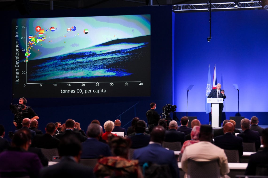 Sir David Attenborough fala na Cerimônia de Abertura da COP26 na reunião de líderes, Glasgow. Foto: Karwai Tang / Governo do Reino Unido