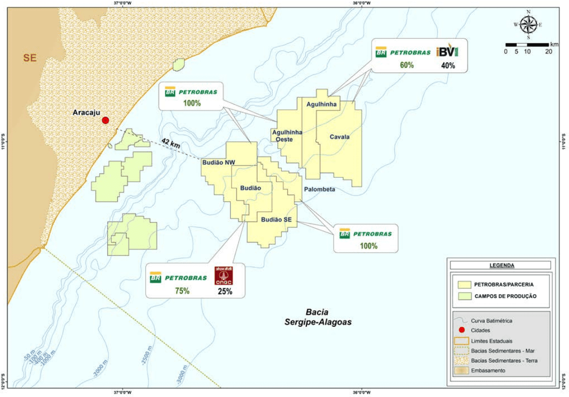 Mapa dos campos offshore de gás natural operados pela Petrobras em águas profundas de Sergipe