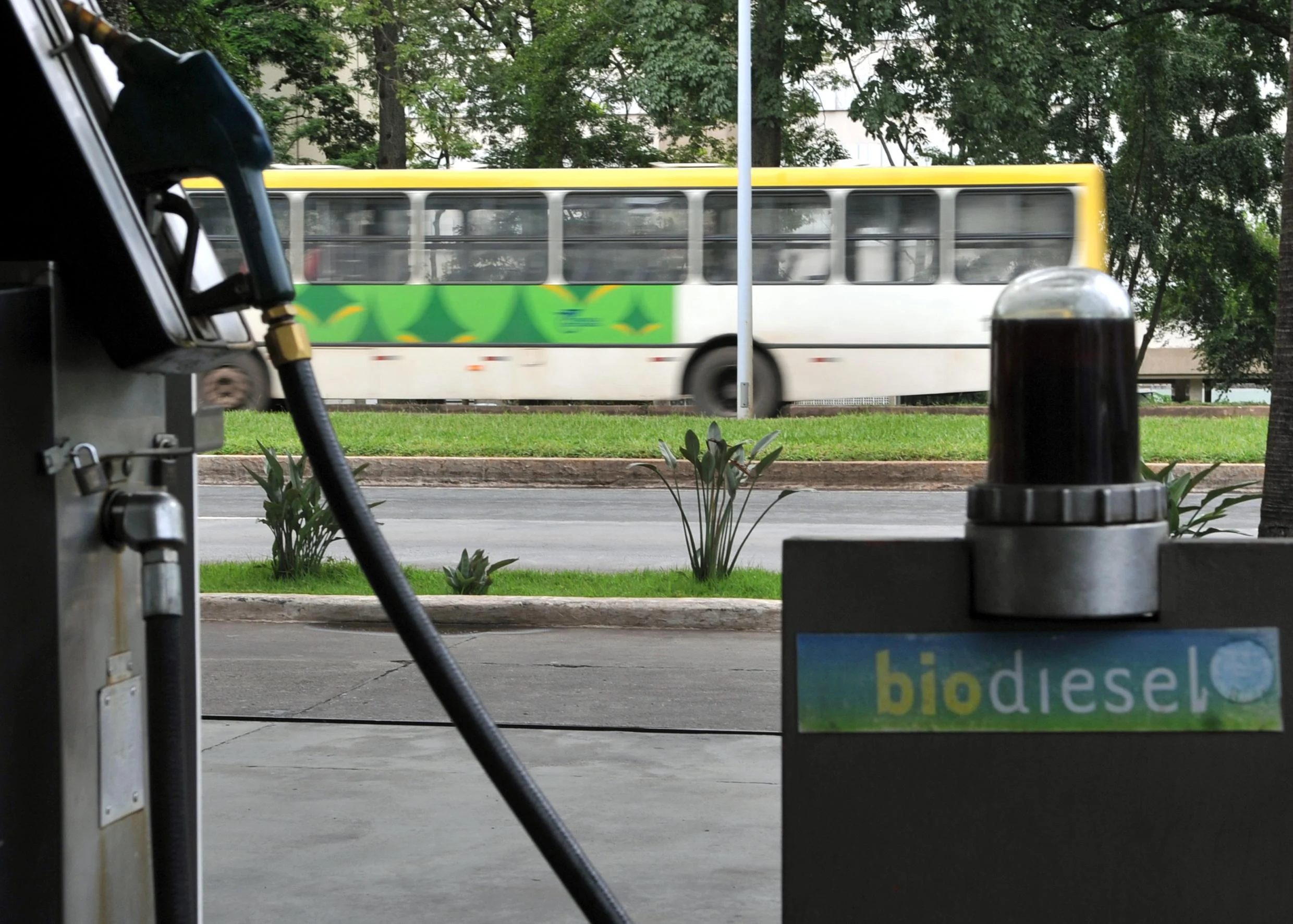 Indústria recorre à ANP para adiar importação de biodiesel. Na imagem: Bomba em posto com abastecimento de biodiesel; e ao fundo ônibus urbano passando (Foto: Agência Brasil)