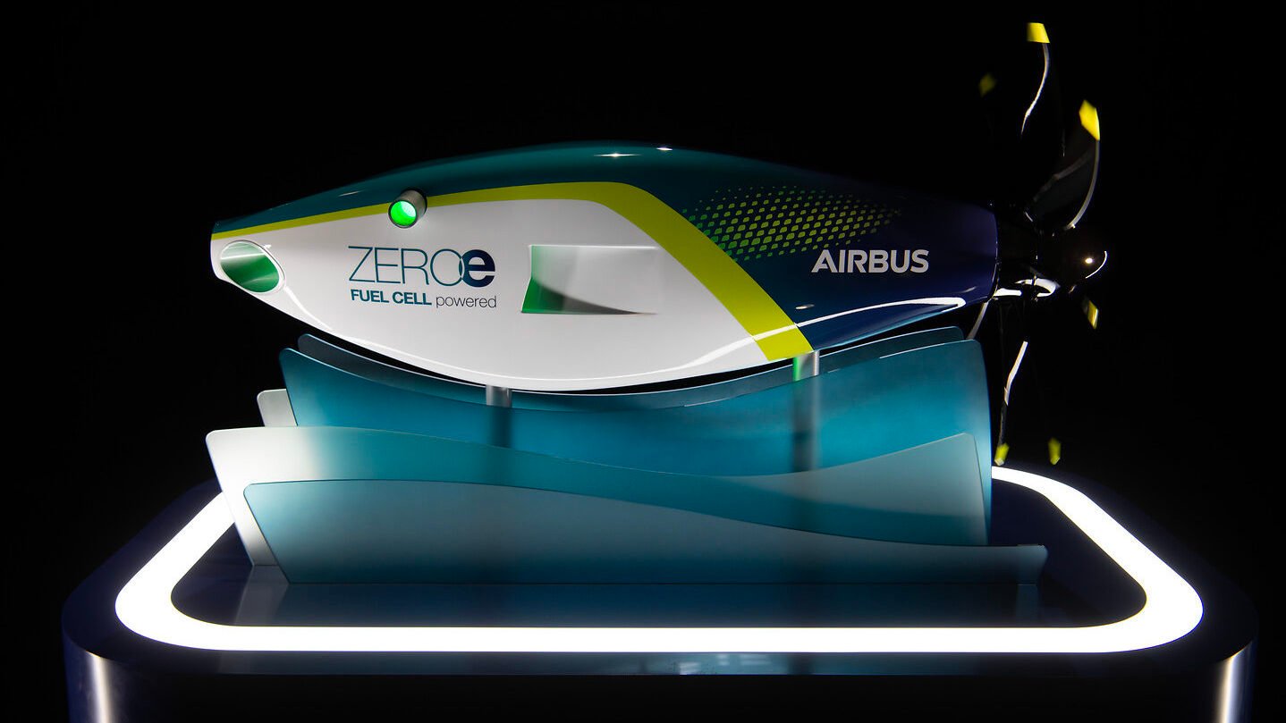 Airbus anuncia motor a célula a combustível de hidrogênio para 2035. Na imagem: Modelo (A380 MSN1) de motor de célula a combustível ZEROe movido a hidrogênio (Foto: Hervé Gousse/Airbus)