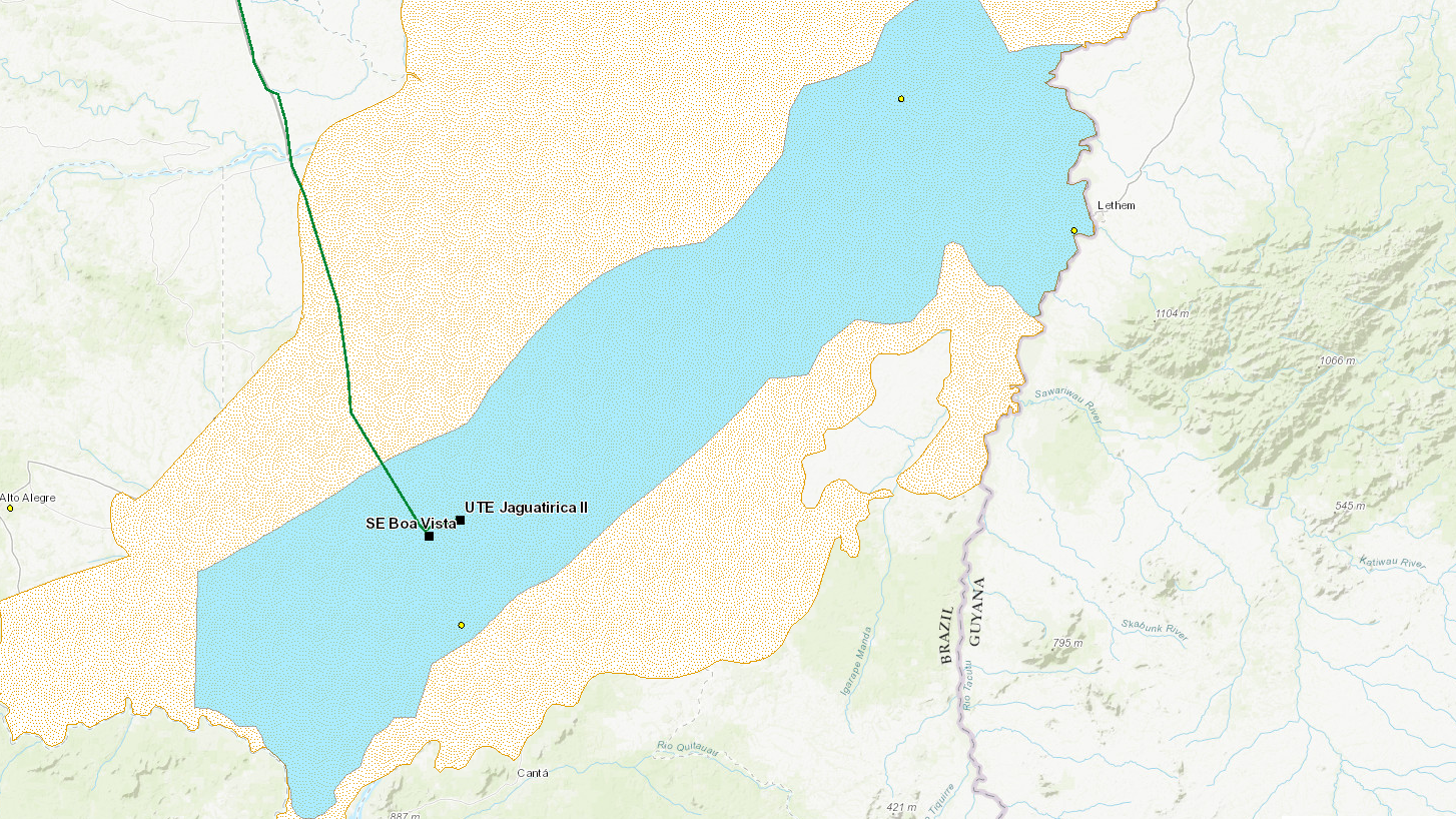 A bacia sedimentar de Tacutué representada em amarelo; azul é a área avaliada no Zoneamento Nacional de Recursos de Óleo e Gás, elaborado pela Empresa de Pesquisa Energética (EPE)