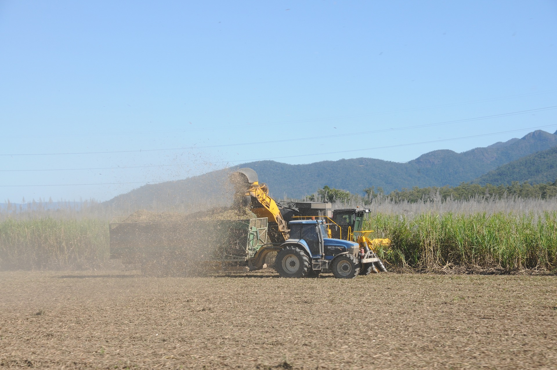 Tecnologia brasileira promete elevar em 120% a extração de açúcar para etanol 2G. Na imagem: Tratores em operação em lavoura de cana-de-açúcar (Foto: Kathryn Bowman/Pixabay)