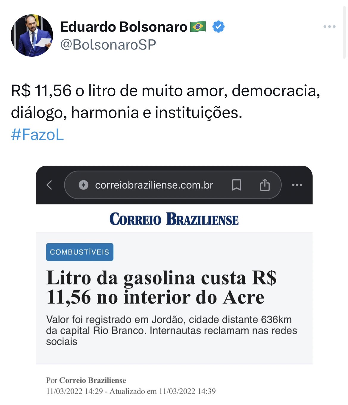 Eduardo Bolsonaro (PL/SP) critica preço da gasolina no Acre durante governo do próprio pai, se arrepende e apaga (reprodução, Twitter)