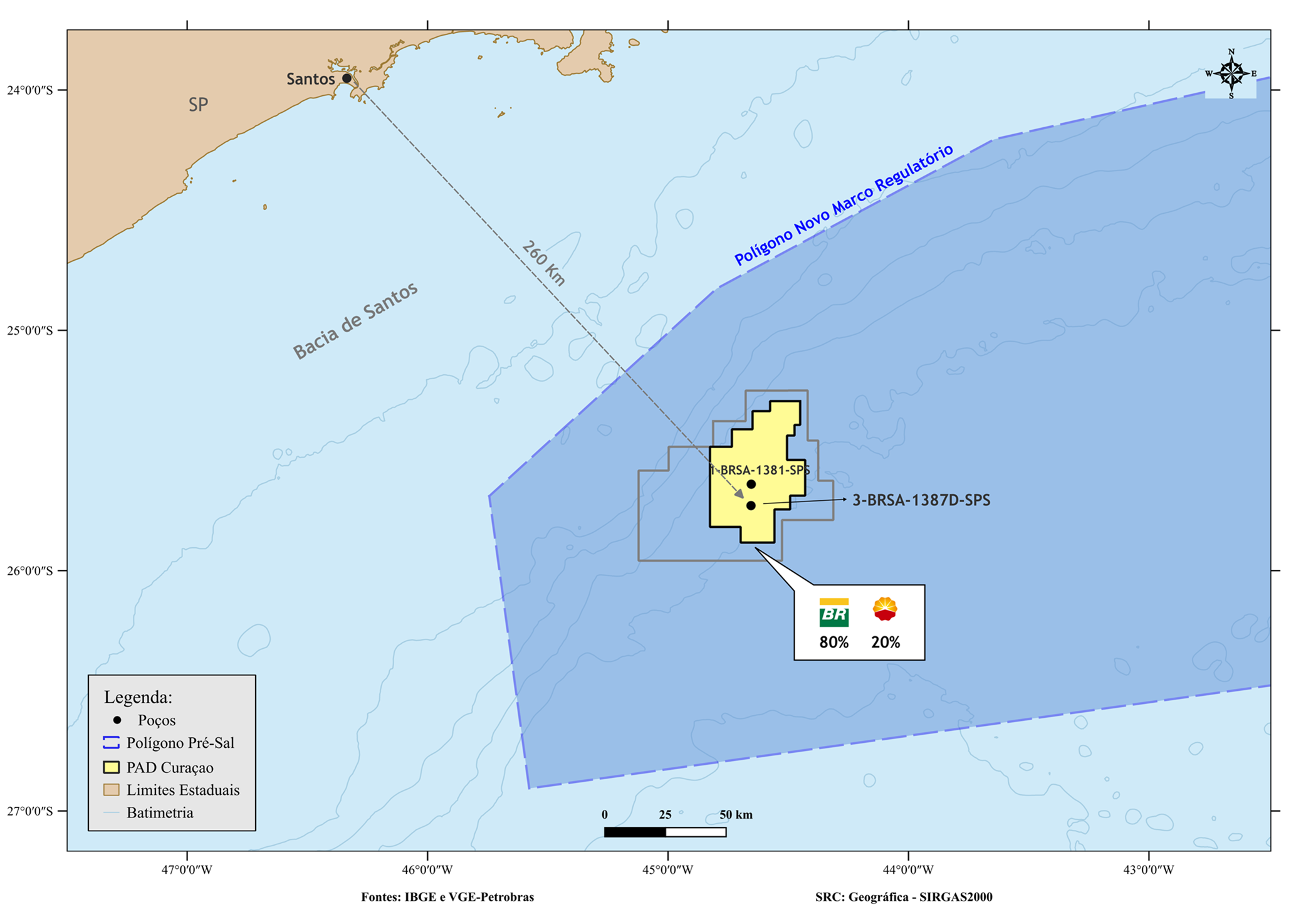 Mapa da descoberta da Petrobras em Aram no pré-sal da Bacia de Santos