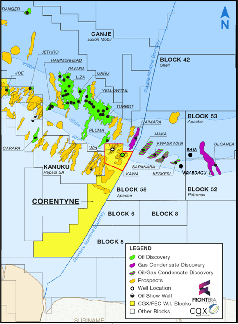 CGX Energy descobre petróleo em águas profundas da Guiana. Na imagem: Mapa das descobertas de petróleo em águas profundas da Guiana. Crédito: Divulgação/CGX