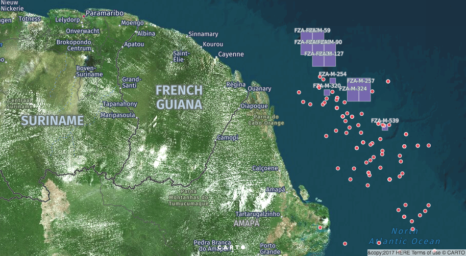 Foz do Amazonas: AGU vai contra Ibama sobre a obrigatoriedade de AAAS para exploração e propõe conciliação com Petrobras e MME. Na imagem: Mapa de poços de óleo e gás na Foz do Amazonas, na Margem Equatorial