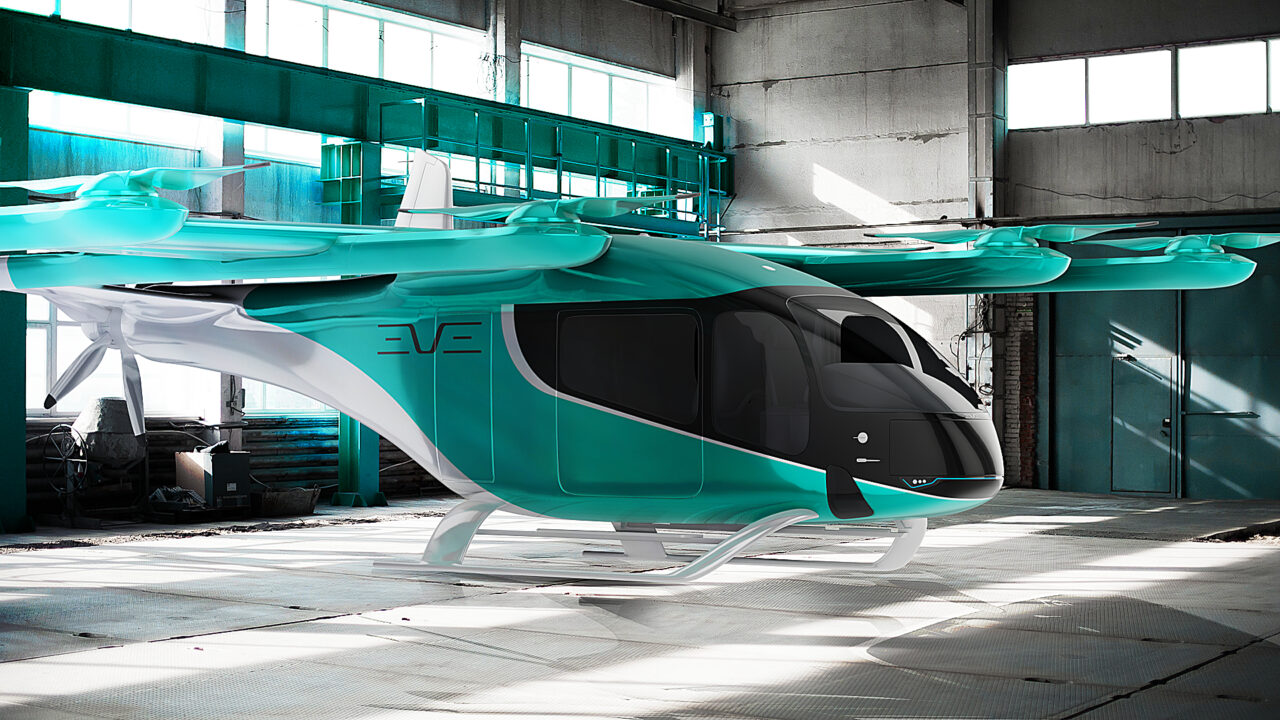 Carro voador da EVE na cor verde, o eVTOL, aeronave elétrica de decolagem e pouso vertical, (Foto Divulgação Eve Air Mobility