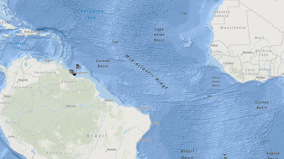 Venezuela contesta leilão de petróleo da Guiana, Caracas classificou a oferta de ilegal. Na imagem: Mapa com a localização, marcada em preto, dos blocos de petróleo e gás oferecidos pela Guiana em leilão (Imagem: Divulgação)