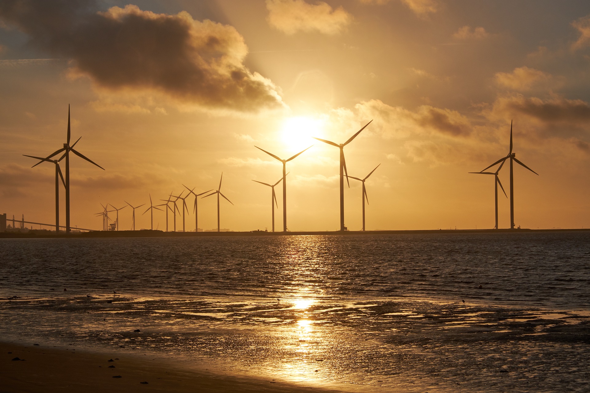 Portugal abre primeira etapa para empresas interessadas no leilão de energia eólica offshore. Na imagem: Turbinas eólicas em parque offshore com sol se pondo e refletindo na água na orla (Foto: Bru-nO/Pixabay)