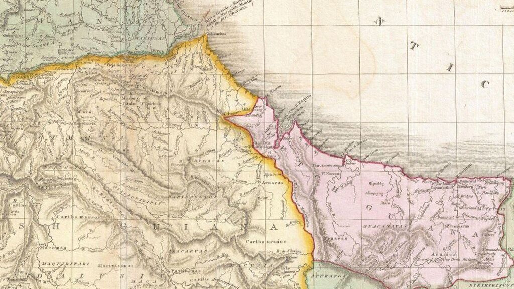 Geopolítica do petróleo e o território Essequibo, disputado por Venezuela e Guiana. Na imagem: Mapa da Guiana Espanhola (atual Venezuela) e da Guiana Holandesa (atual Guiana) em 1818: o rio Essequibo era a fronteira entre as colônias espanholas e holandesas (Foto: Wiki Commons)