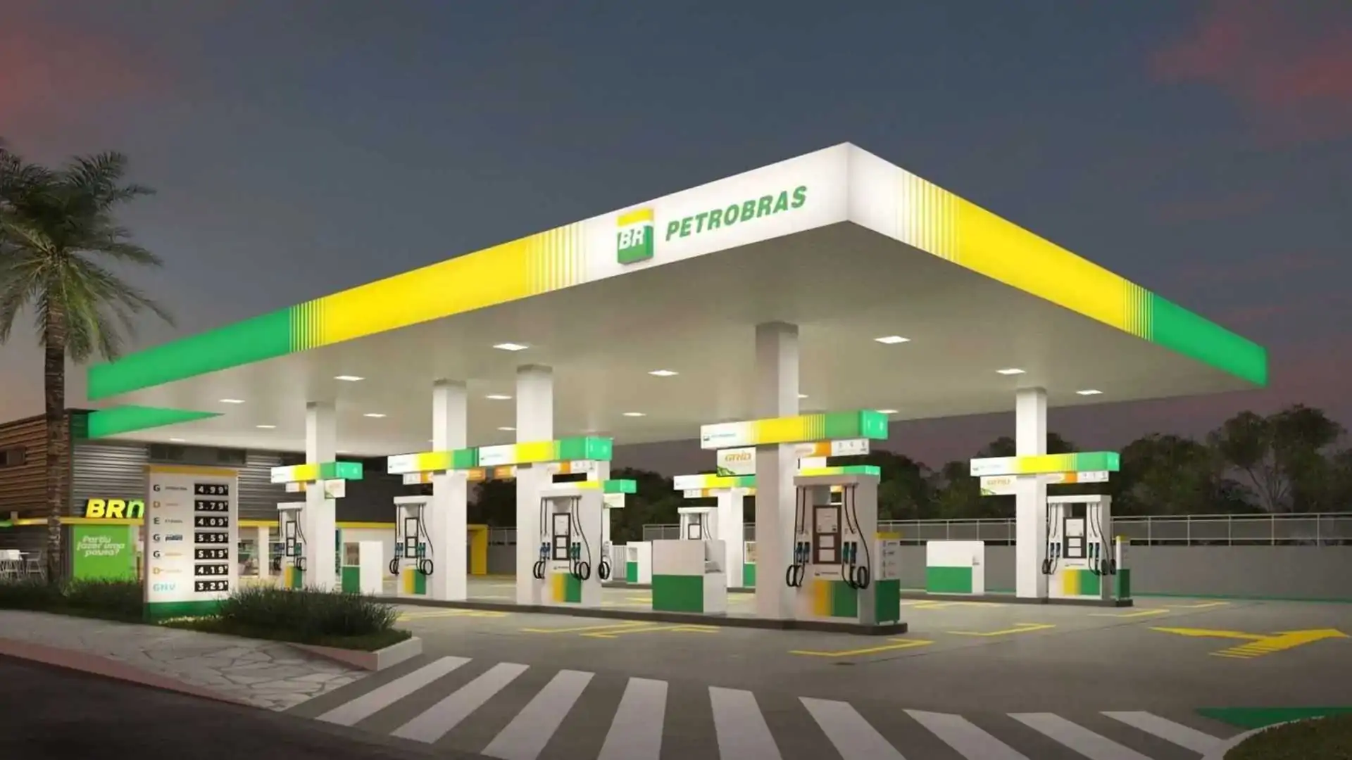 Petrobras anuncia que não vai renovar uso de marcas como "Postos Petrobras", "BR Aviation", "Podium" e "Grid" pela Vibra após 2029. Na imagem: Posto de combustíveis Petrobras fotografado à noite com as luzes acesas (Foto: Divulgação)