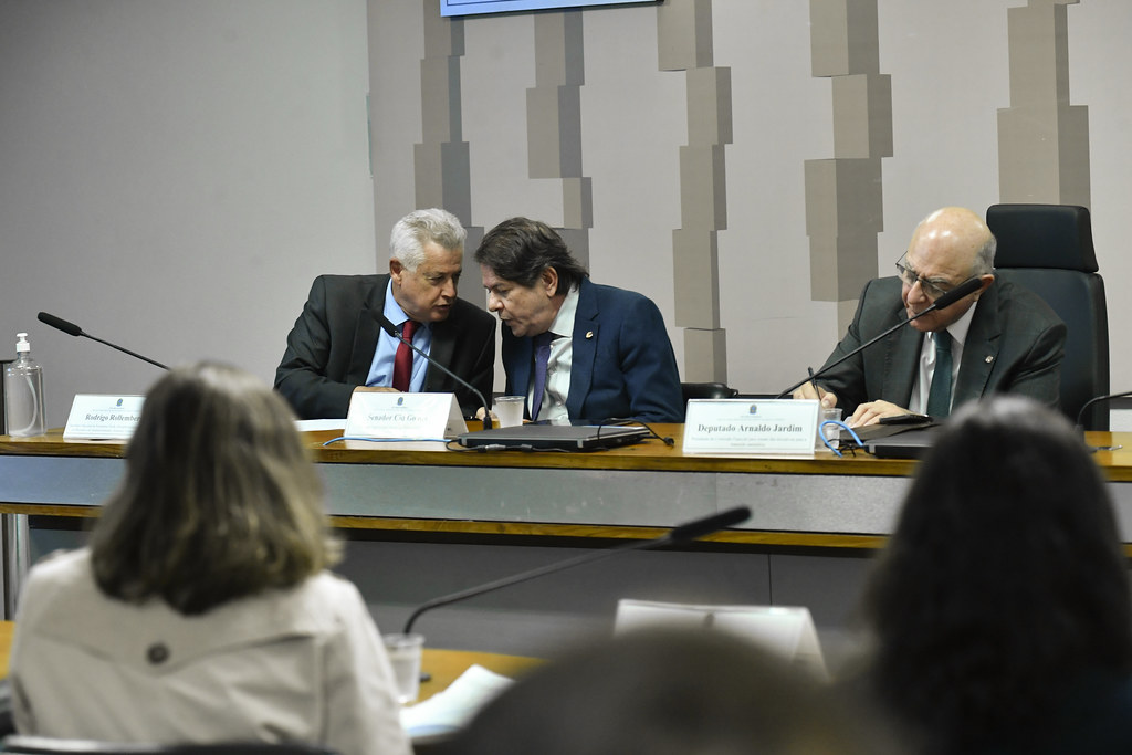 Rodrigo Rollemberg, Cid Gomes e Arnaldo Jatdim durante reunião da FPRNE para discutir o hidrogênio como fonte de energia, em 14/6/2023 (Foto: Geraldo Magela/Agência Senado)