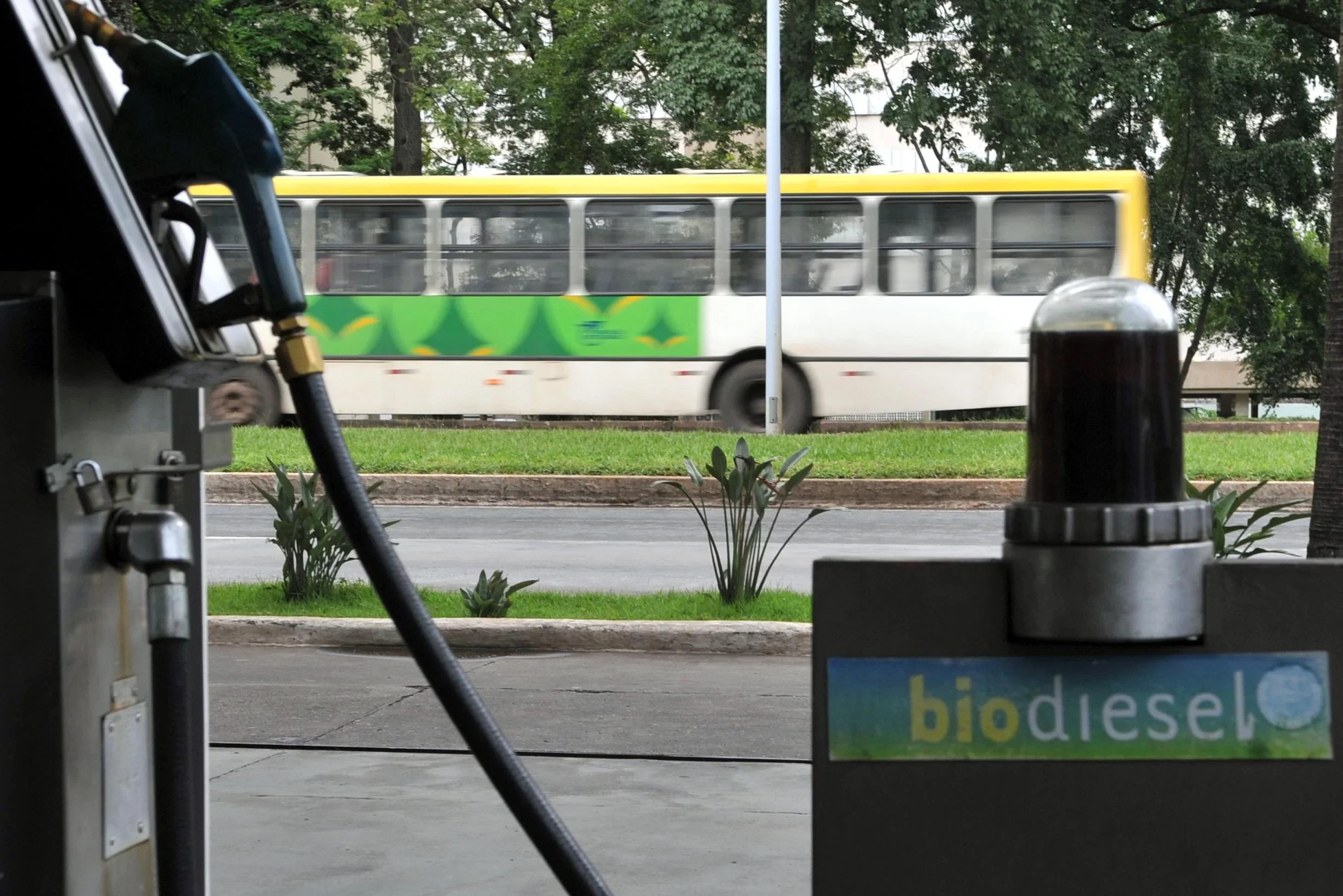 Mistura de biodiesel no diesel aumenta para 14% (B14) nesta sexta-feira (1º/2), alta de 1% na participação do biocombustível. Na imagem: Bomba em posto com abastecimento de biodiesel; e ao fundo ônibus urbano passando (Foto: Agência Brasil)