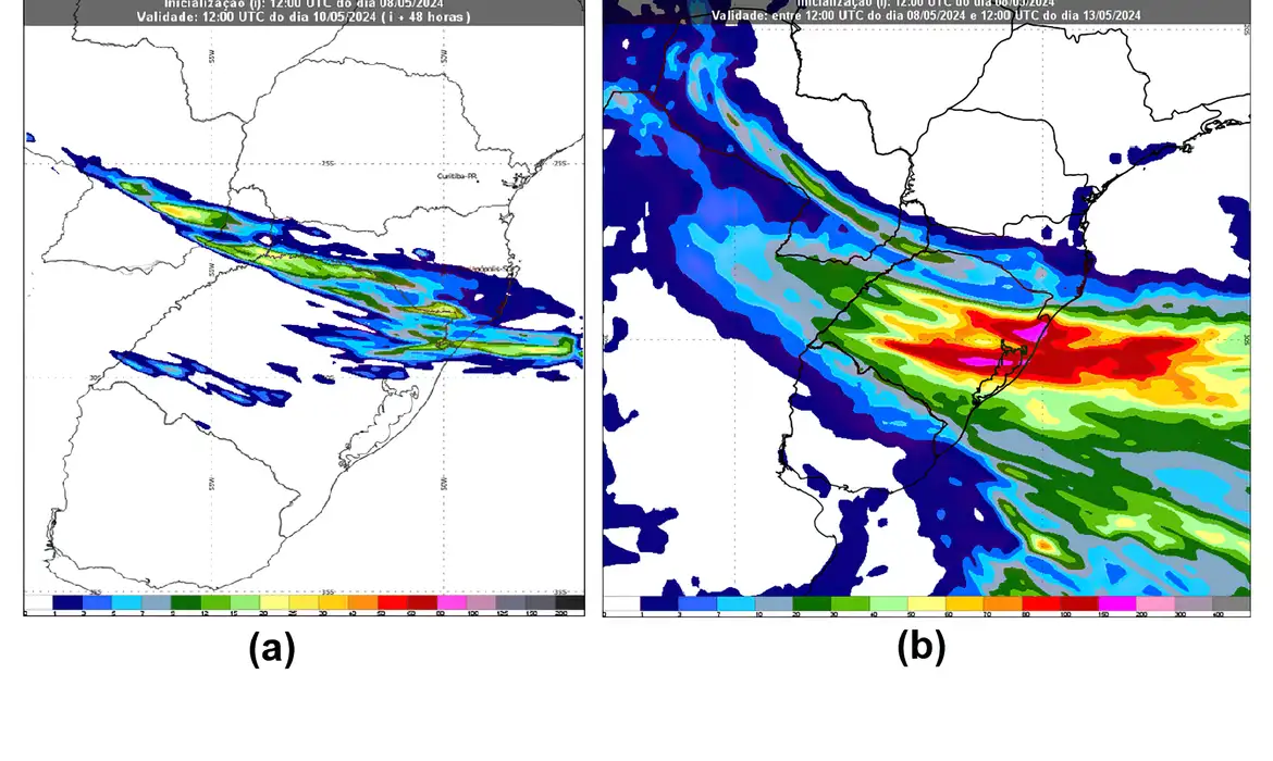 Instituto Nacional de Meteorologia prevê chuvas fortes no Rio Grande do Sul a partir desta sexta (10/5/2024). Na imagem: Mapa pluviométrico indica, em milímetros (mm), chuva forte acumulada em (a) 24h de quarta-feira (8/5/2024) às 9h da quinta-feira (9/5), pelo modelo Cosmo 2,8 km, e (b) 120h até 9h de 13/5/24 pelo modelo Cosmo 7 km (Foto: Divulgação Inmet)